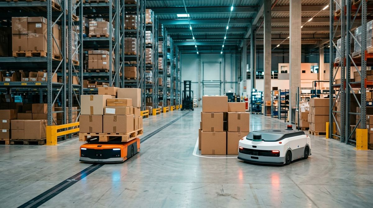 AGV e AMR in magazzino: veicolo a guida automatica su percorso fisso e robot mobile autonomo con navigazione SLAM tra le scaffalature