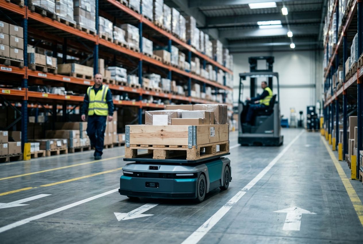 Autonomous mobile robot (AMR) moving a pallet along a shared aisle in a running industrial warehouse