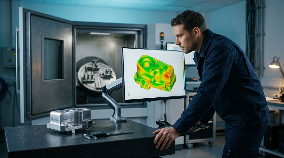 Metrologia con tomografia computerizzata: confronto actual/nominal tra il volume CT ricostruito e il modello CAD, con mappa a falsi colori degli scostamenti dimensionali su geometrie interne
