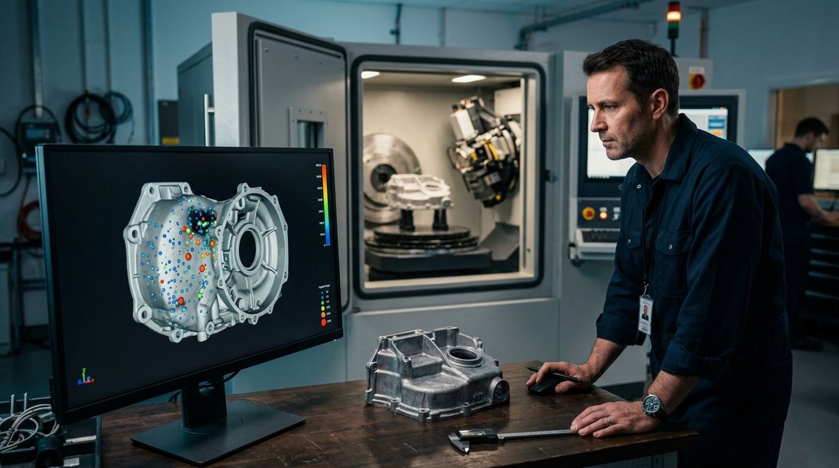 Analisi tomografica CT della porosità in una fusione di alluminio: ricostruzione 3D del getto con i pori classificati per dimensione e posizione