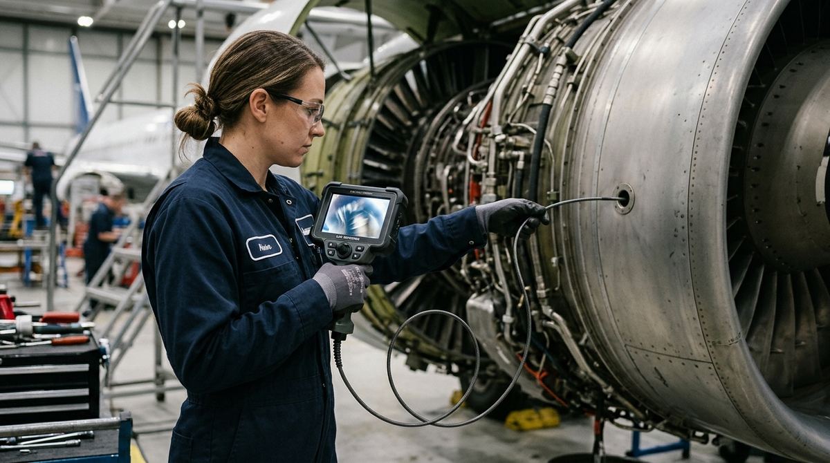 Ispezione boroscopica di una turbina a gas con videoscopio industriale a sonda articolata inserito nella porta boroscopica