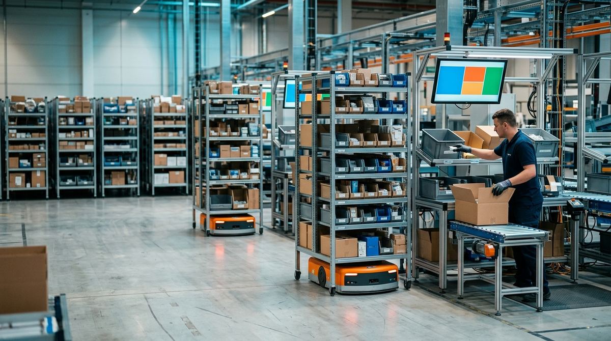 Magazzino automatizzato goods-to-person: robot mobili portano gli scaffali alle stazioni di picking, valutazione di soglie e convenienza
