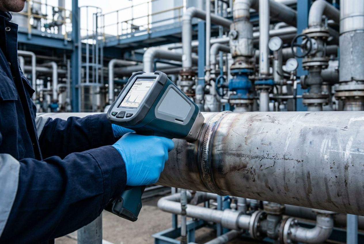 PMI verification with a handheld XRF analyzer on piping, valves and welds of an oil & gas pressure plant