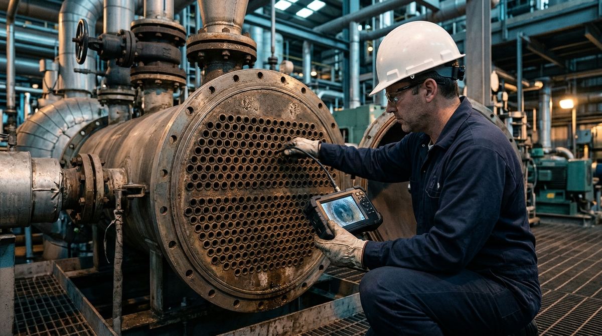 Ispezione videoscopica di uno scambiatore di calore a fascio tubiero: sonda del videoscopio inserita nei tubi dalla piastra tubiera
