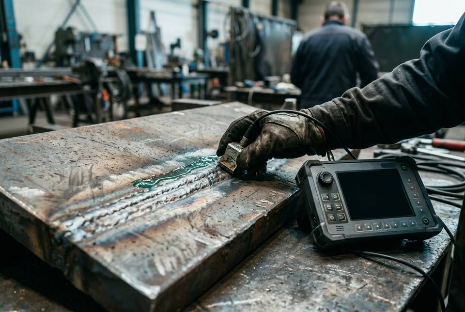 Ultrasonic inspection of a multi-pass butt weld on thick plate, with an angle probe, couplant gel and a portable flaw detector