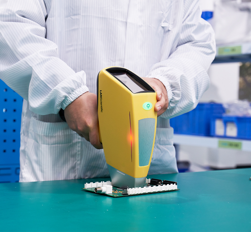 LANScientific TrueX XRF analyzer in use on an electronic board for material verification