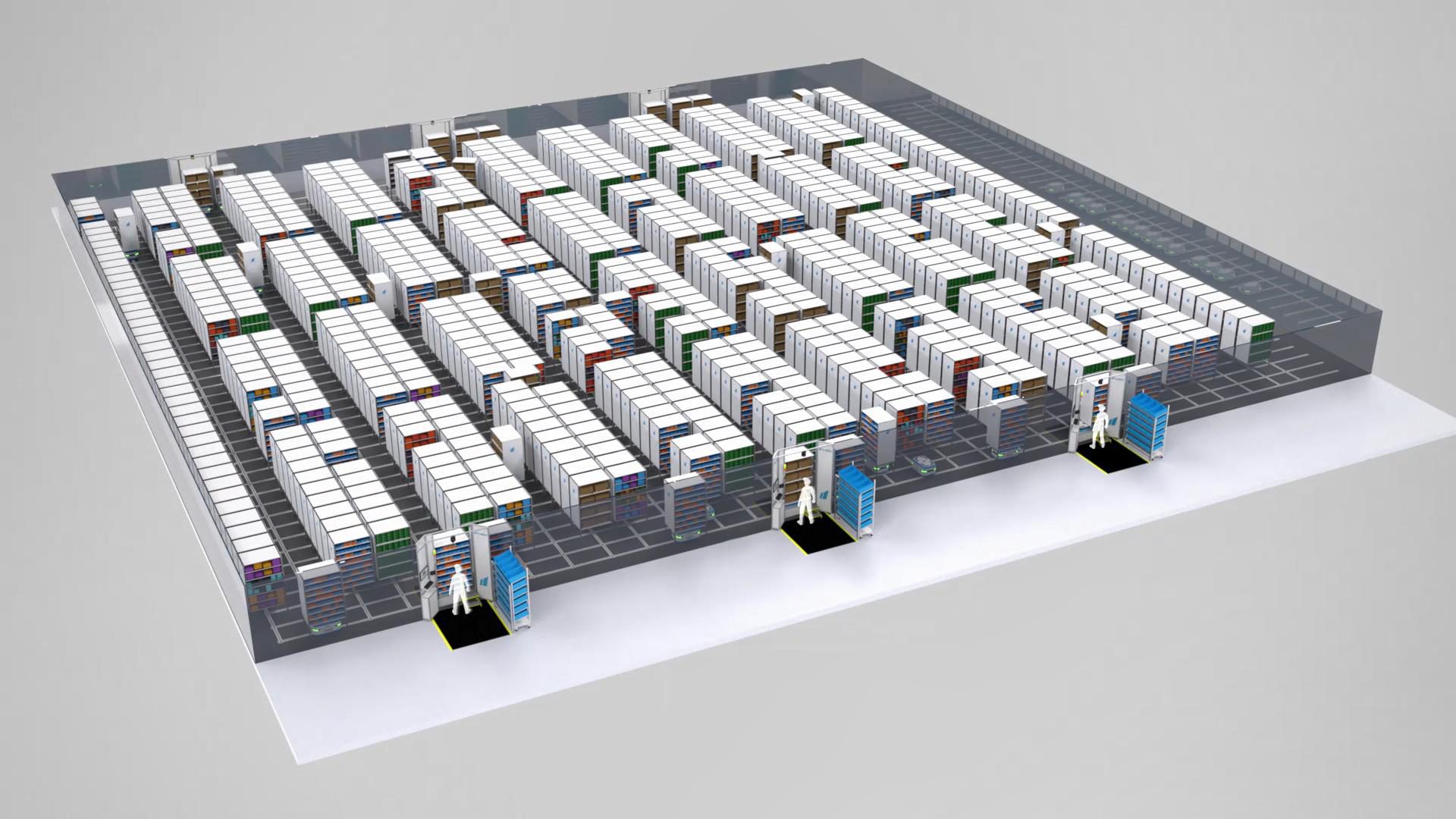 Overview of the Scallog FLEXIPICK goods-to-person system with Boby robots, mobile shelves and picking stations