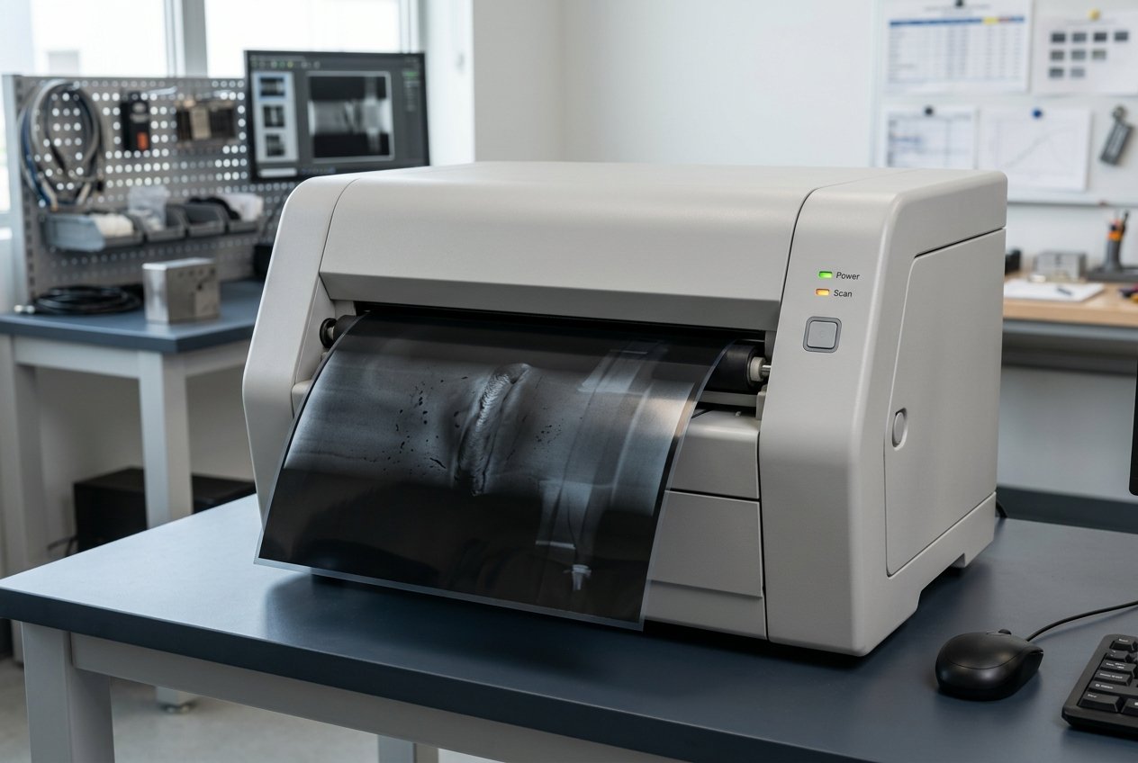 Industrial radiographic film digitizer scanning an RT film showing a weld image