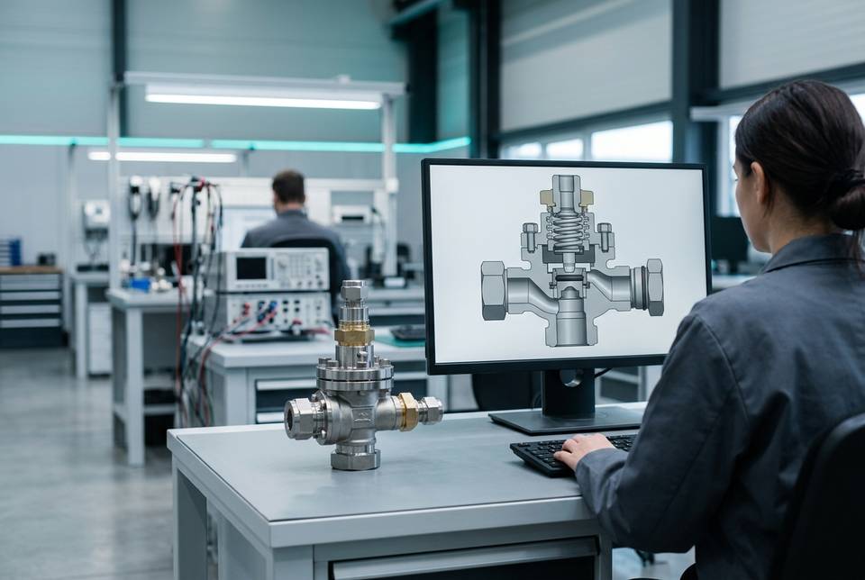 Valvola assemblata con la sezione virtuale tomografica che mostra guarnizioni e componenti interni