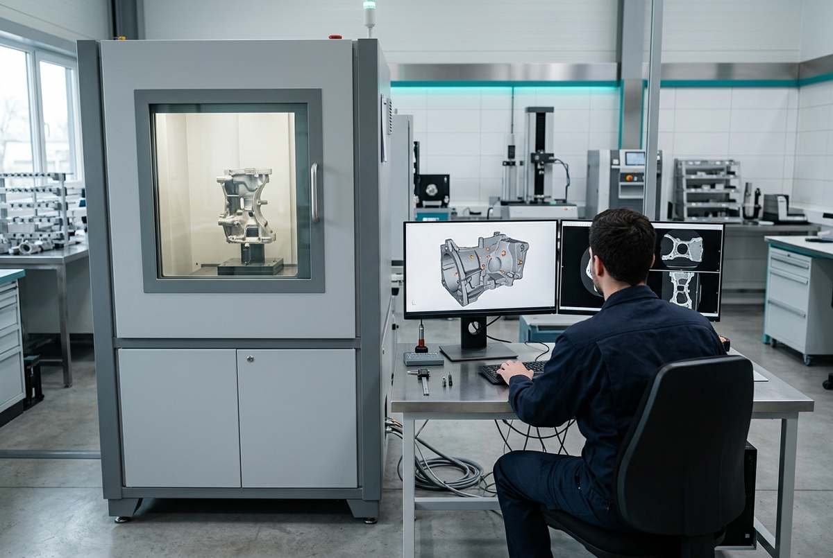Industrial CT laboratory with CT cabinet and analysis workstation