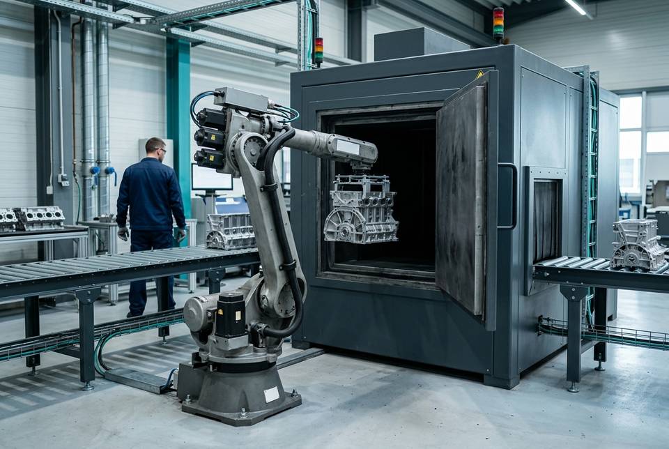 Cella RX in linea in fonderia: robot industriale fisso che carica un getto di alluminio dal nastro nella cabina schermata