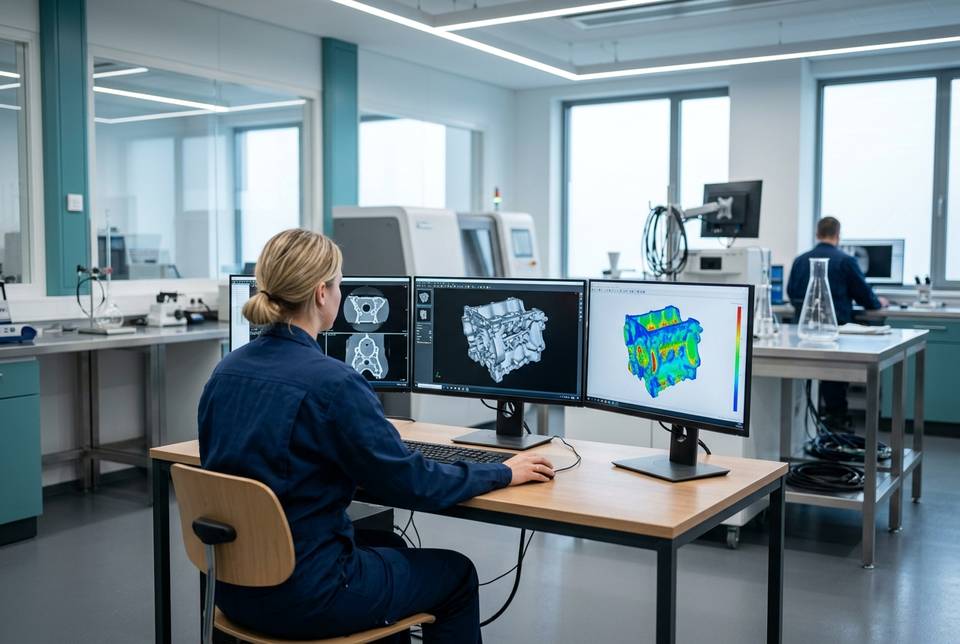 Postazione di analisi tomografica con volume 3D, sezioni e mappa degli spessori su tre monitor