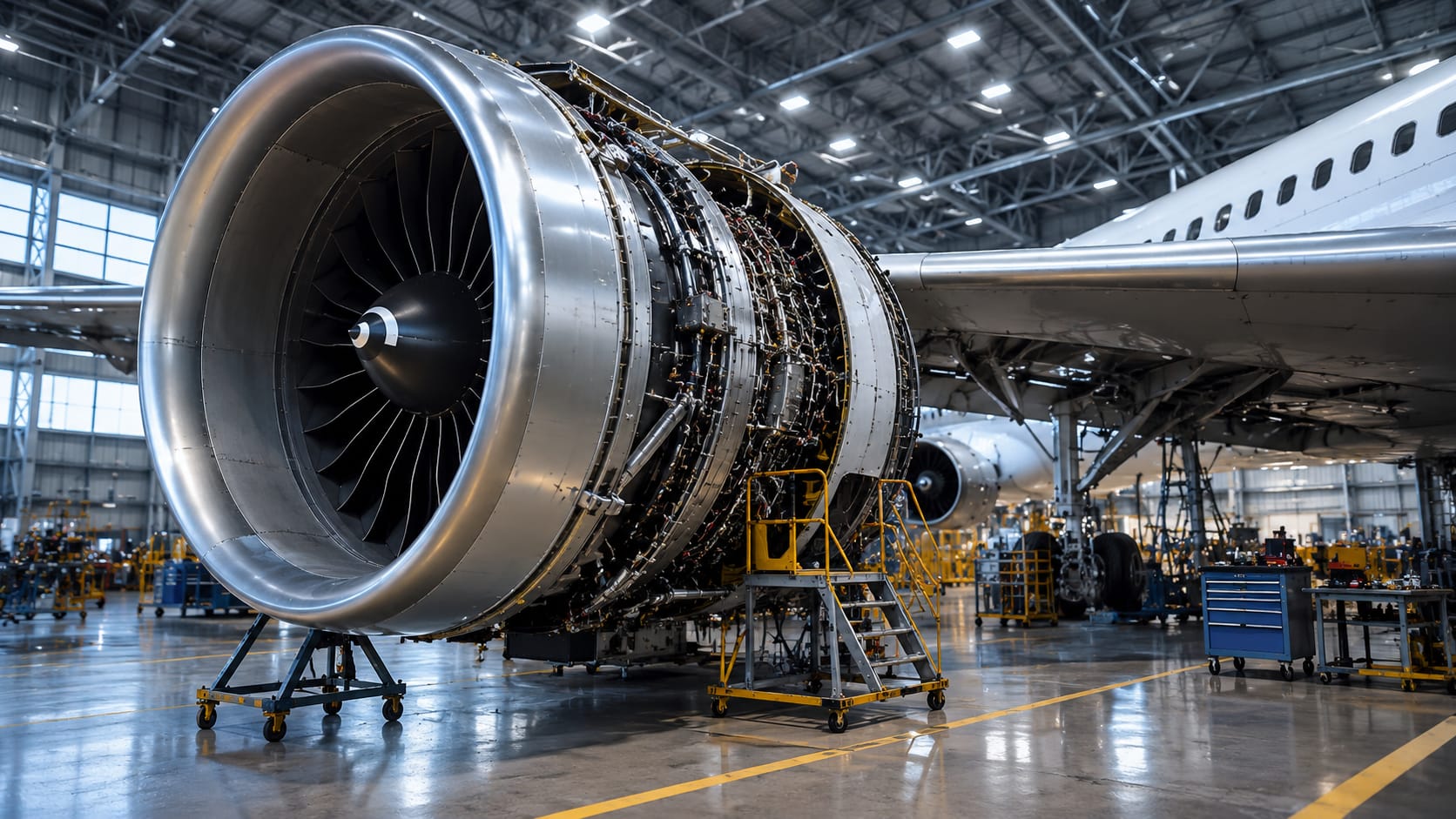 PITECH Industrial Solution - turbina aeronautica in hangar per controlli non distruttivi e automazione industriale